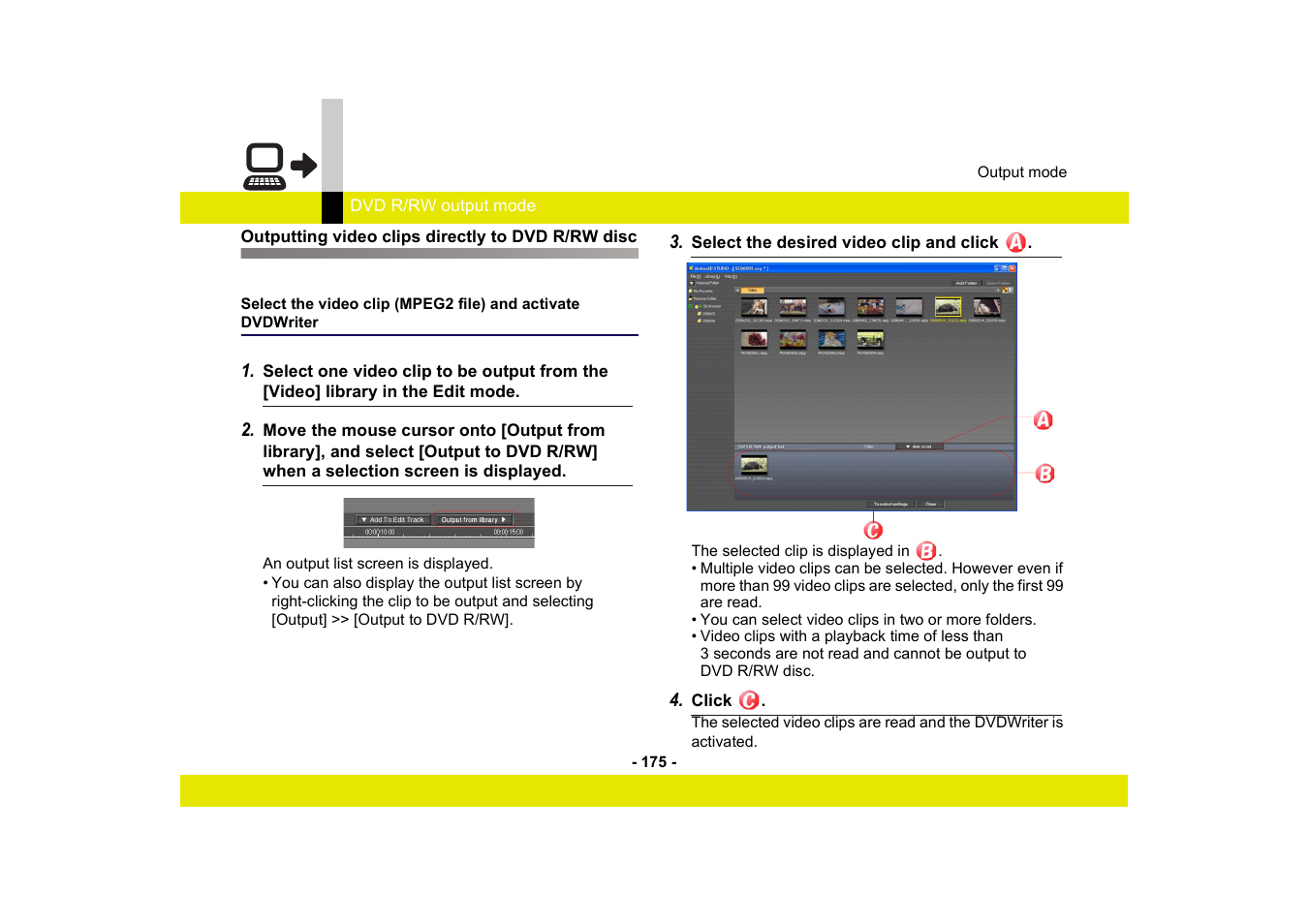 Outputting video clips directly to dvd r/rw disc | Panasonic -eng User Manual | Page 175 / 250