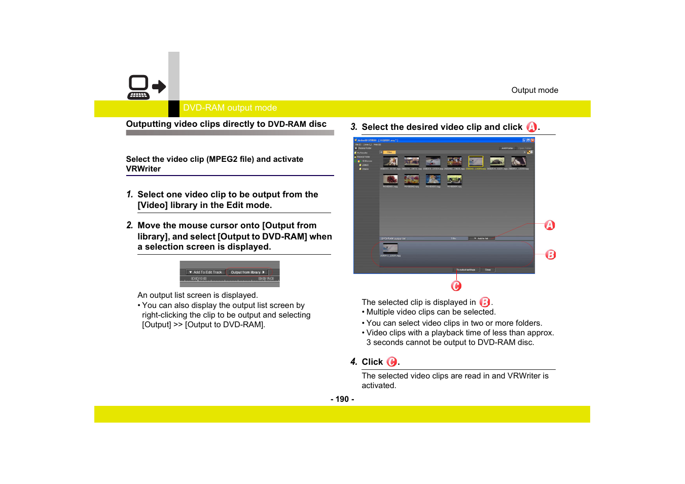 Outputting video clips directly to dvd-ram disc | Panasonic -eng User Manual | Page 190 / 250