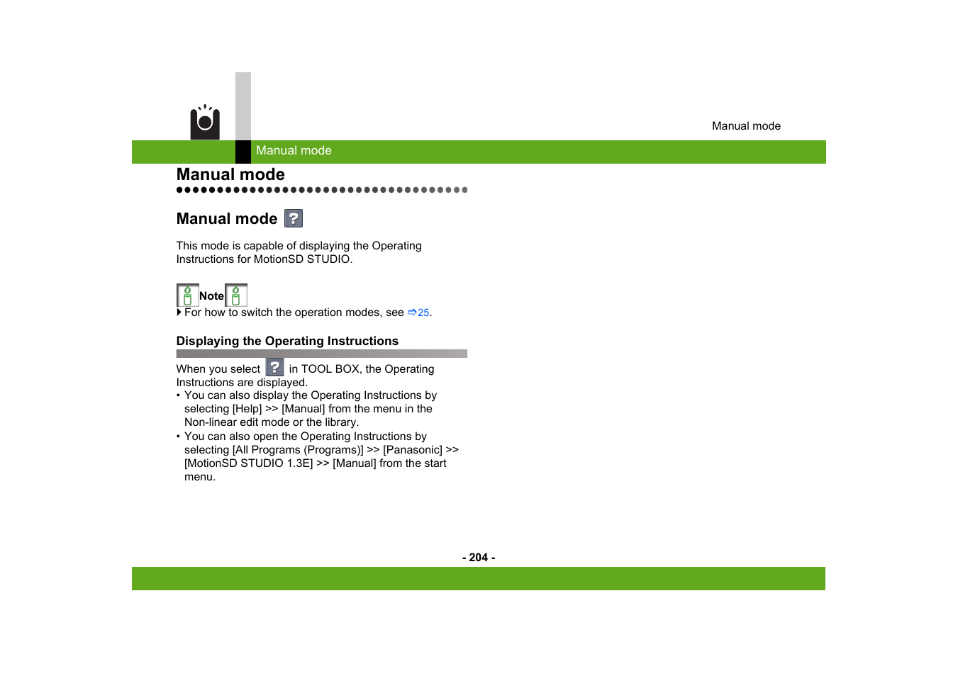 Manual mode, Displaying the operating instructions | Panasonic -eng User Manual | Page 204 / 250