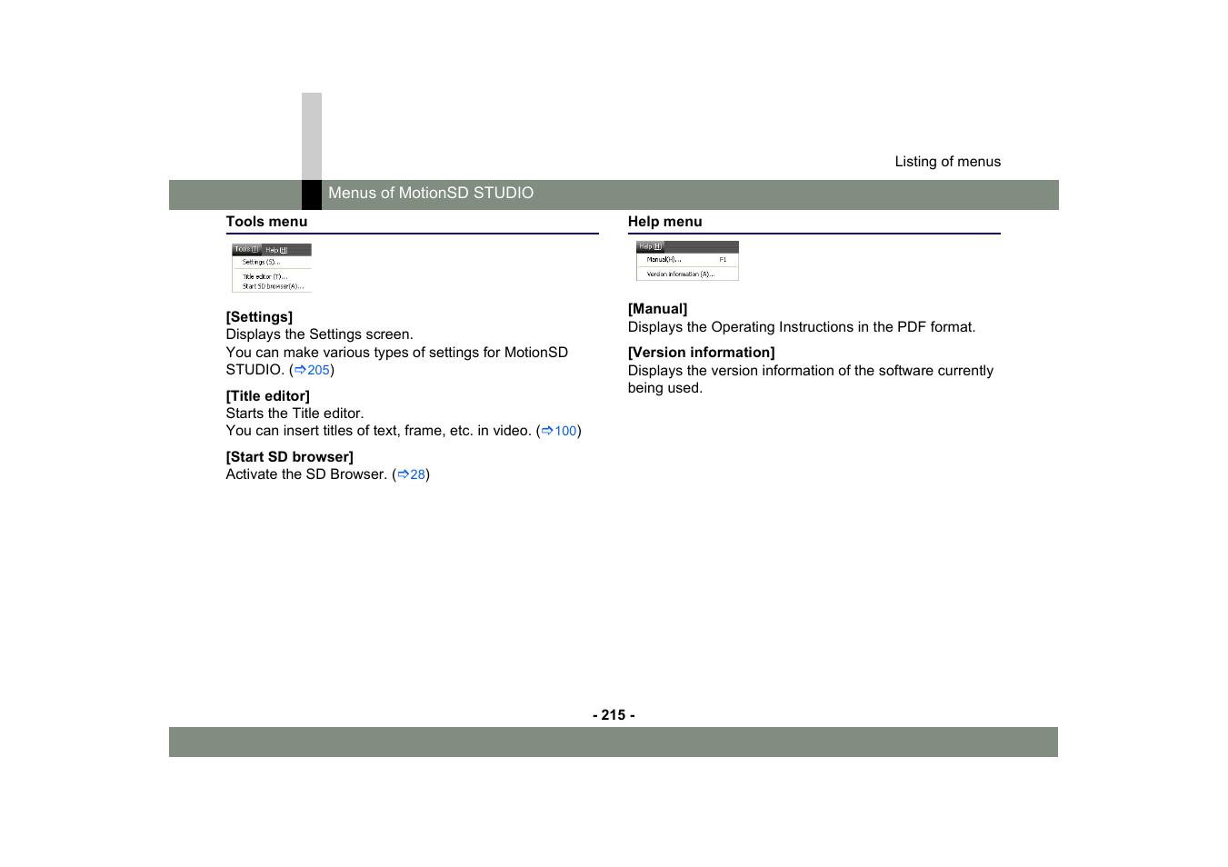 Tools menu, Help menu, Tools menu help menu | Panasonic -eng User Manual | Page 215 / 250