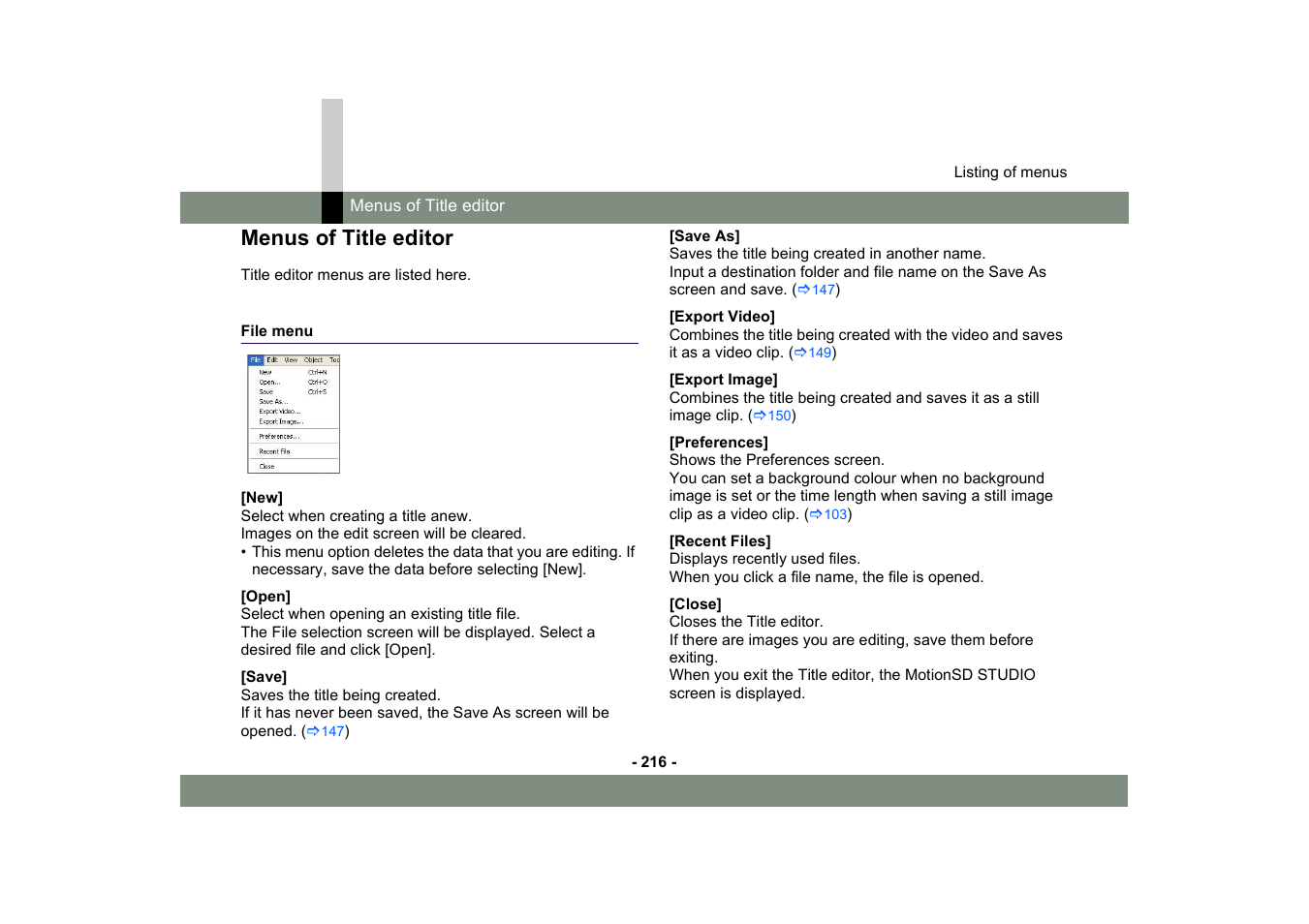 Menus of title editor, File menu | Panasonic -eng User Manual | Page 216 / 250