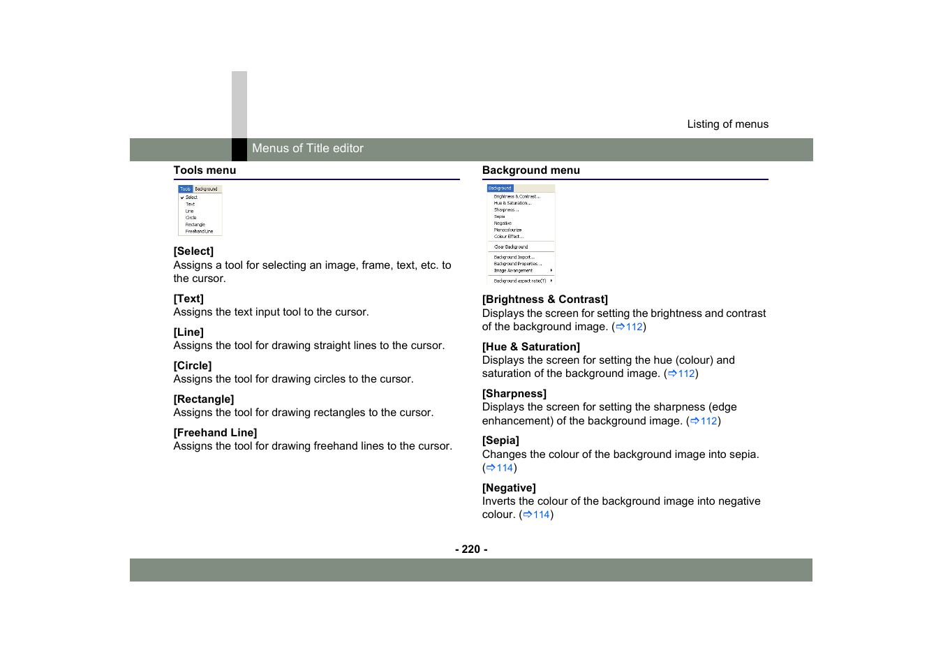 Tools menu, Background menu, Tools menu background menu | Panasonic -eng User Manual | Page 220 / 250