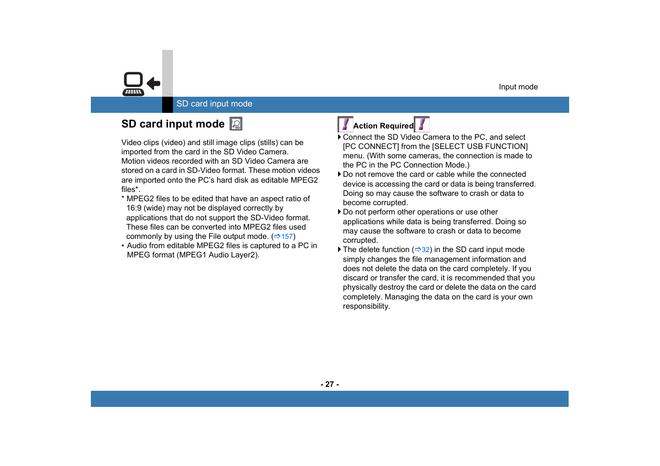 Sd card input mode | Panasonic -eng User Manual | Page 27 / 250