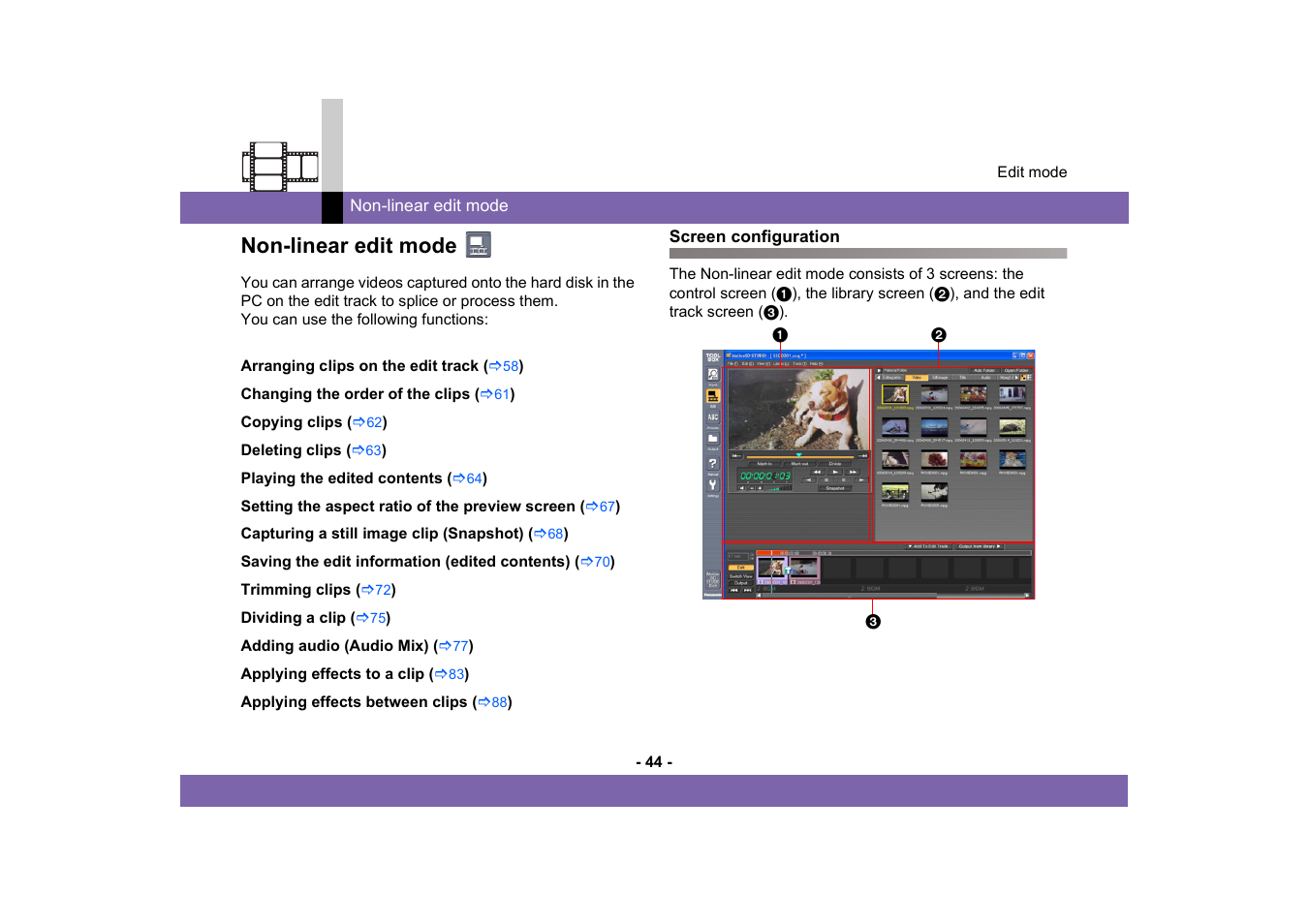 Non-linear edit mode, Screen configuration | Panasonic -eng User Manual | Page 44 / 250