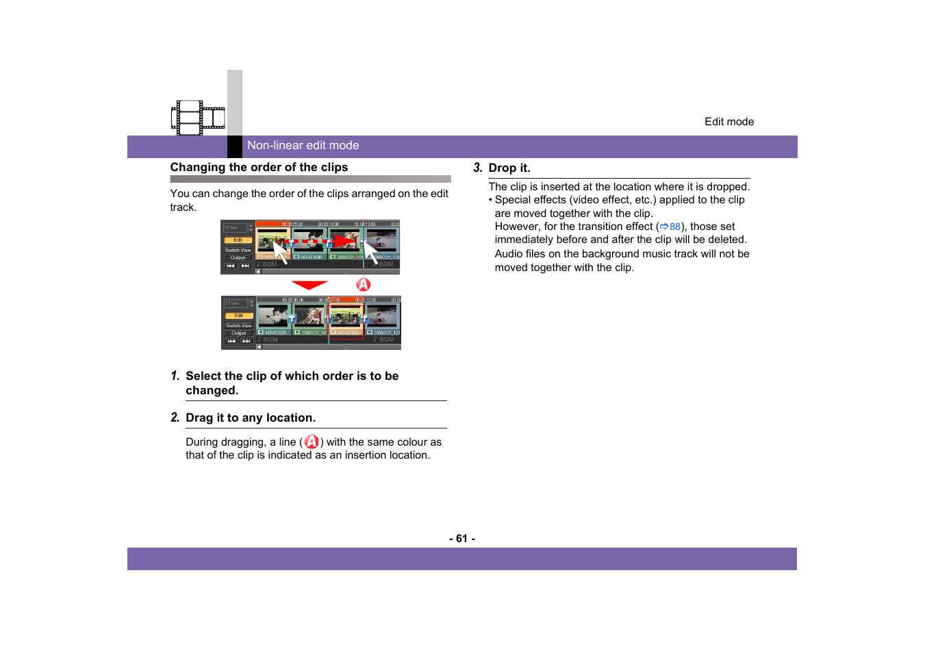 Changing the order of the clips | Panasonic -eng User Manual | Page 61 / 250