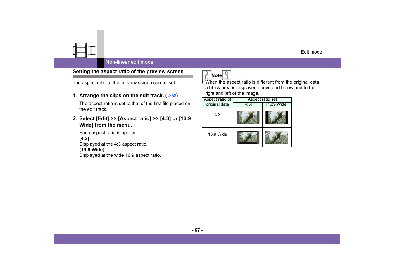 Setting the aspect ratio of the preview screen | Panasonic -eng User Manual | Page 67 / 250