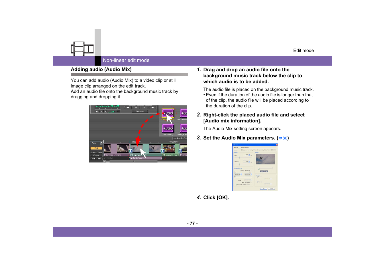 Adding audio (audio mix) | Panasonic -eng User Manual | Page 77 / 250