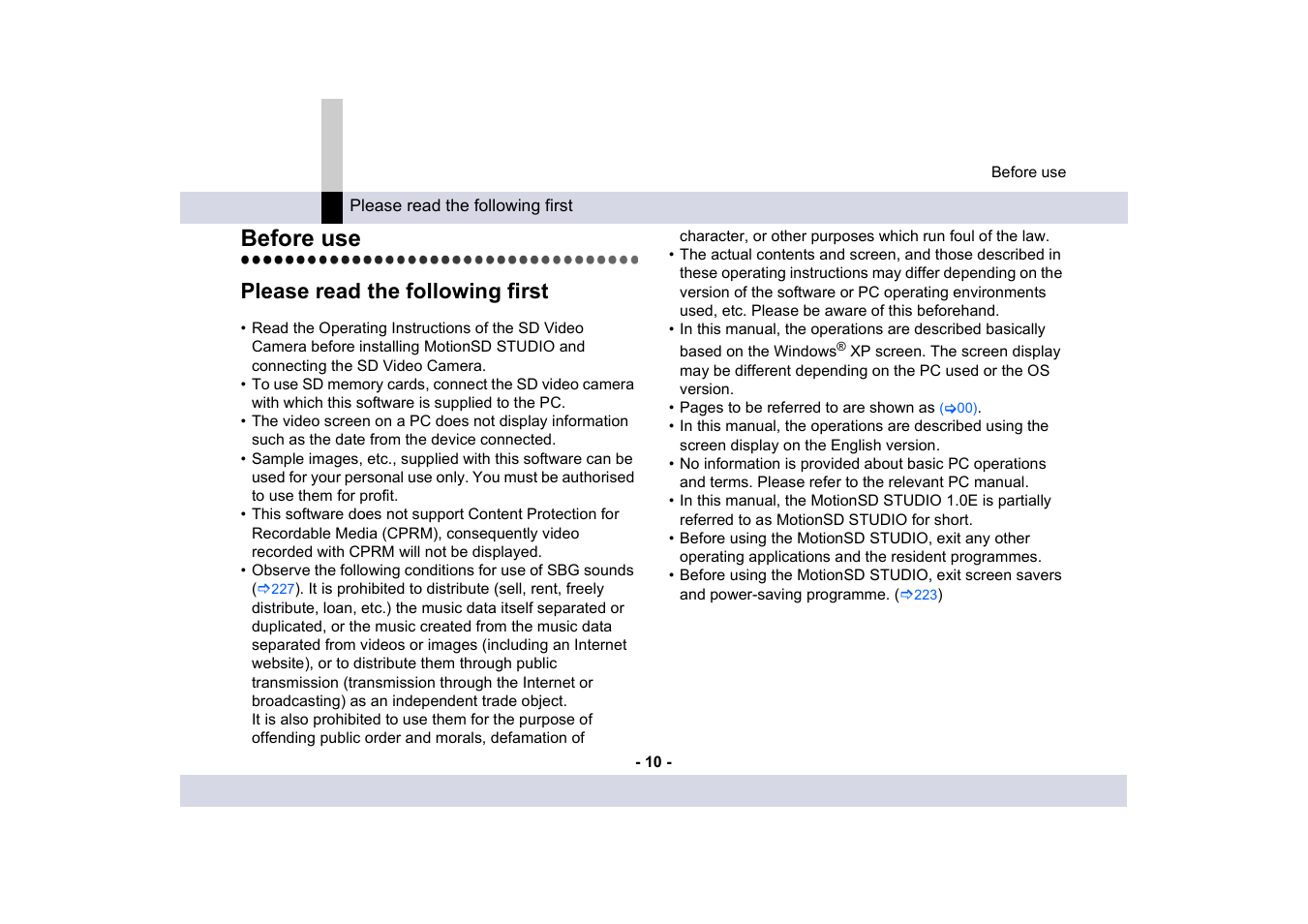 Before use, Please read the following first | Panasonic MotionSD STUDIO 1.0E User Manual | Page 10 / 231