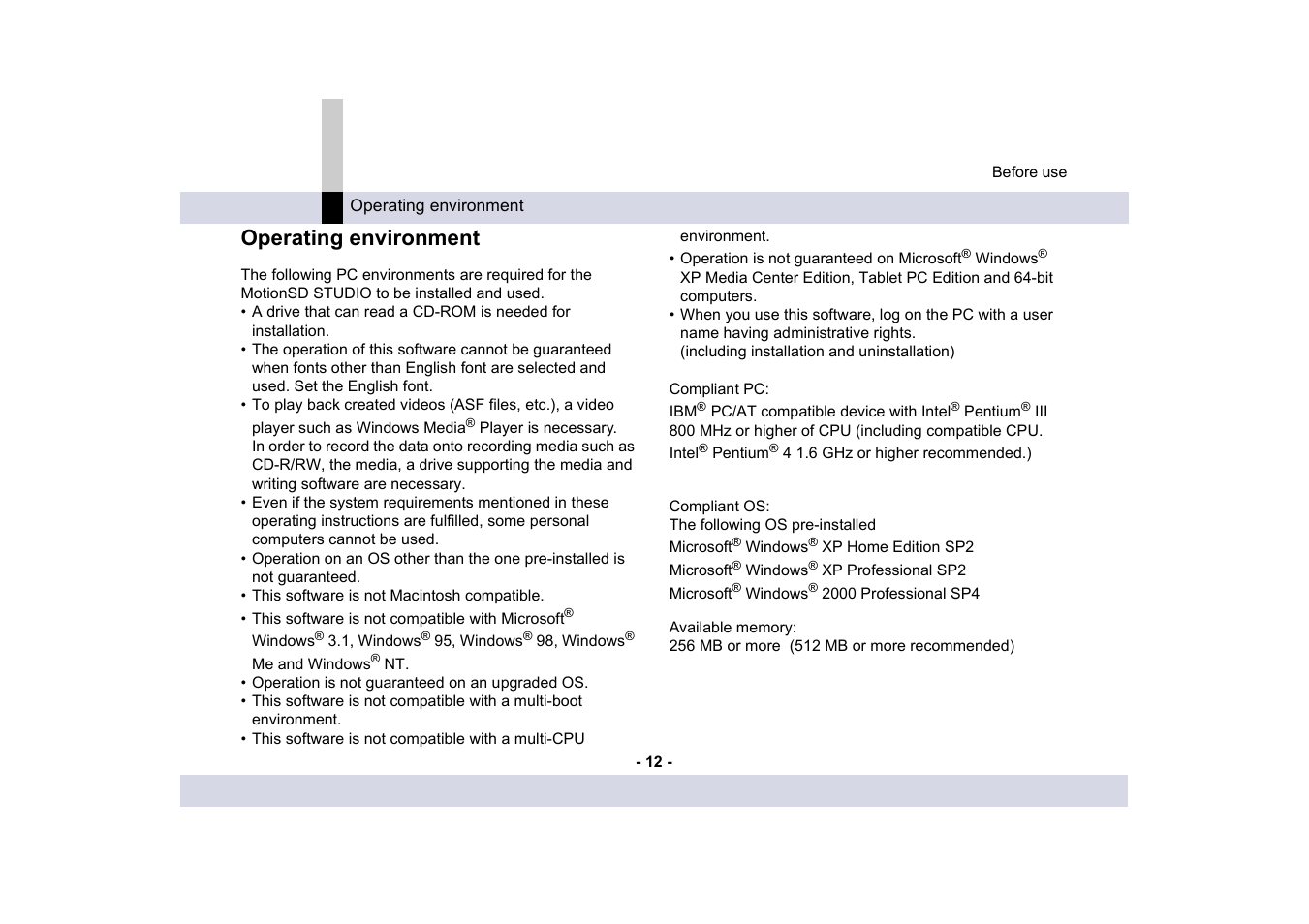 Operating environment | Panasonic MotionSD STUDIO 1.0E User Manual | Page 12 / 231