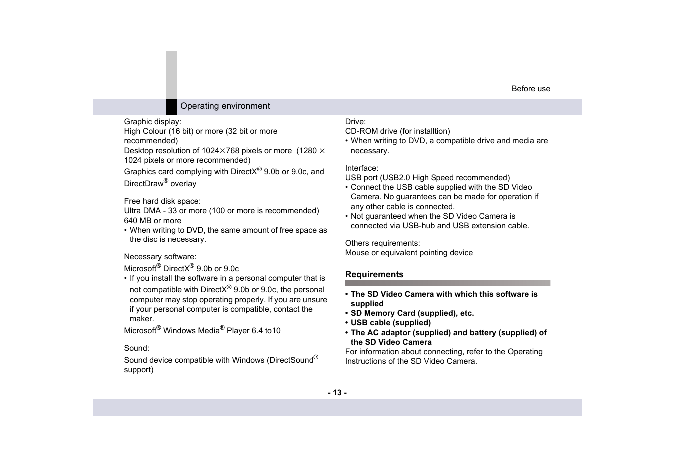 Requirements | Panasonic MotionSD STUDIO 1.0E User Manual | Page 13 / 231