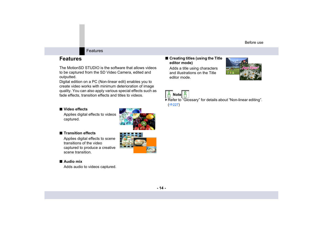 Features | Panasonic MotionSD STUDIO 1.0E User Manual | Page 14 / 231