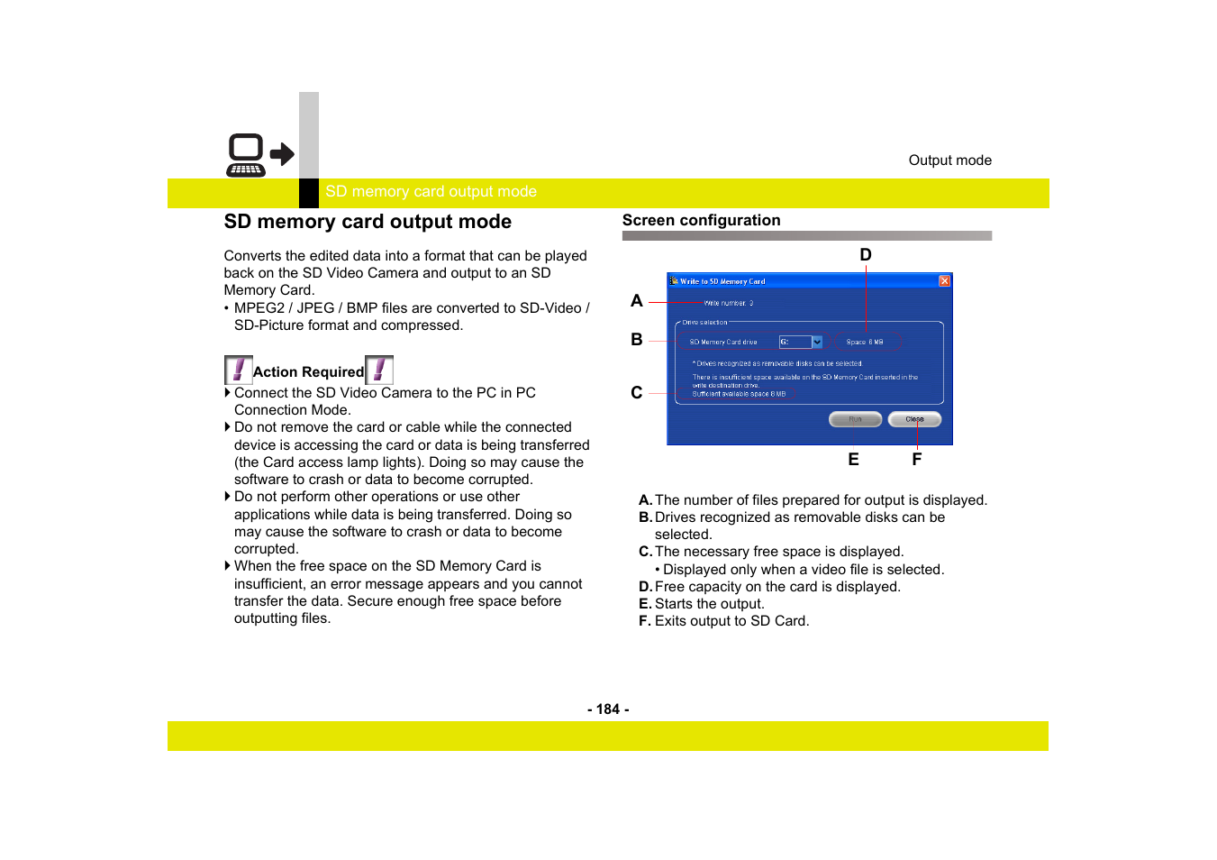 Sd memory card output mode, Screen configuration | Panasonic MotionSD STUDIO 1.0E User Manual | Page 184 / 231