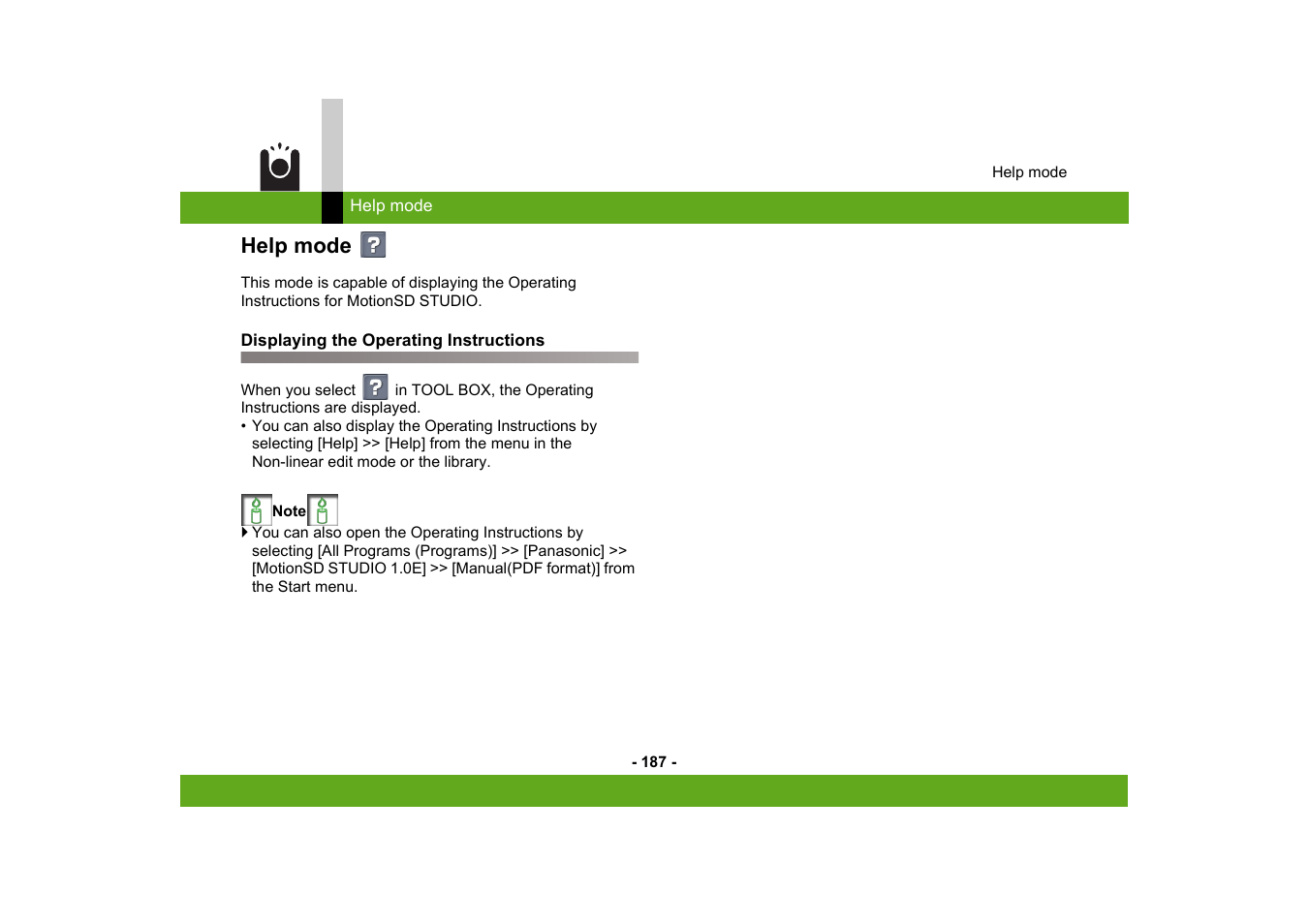 Help mode, Displaying the operating instructions | Panasonic MotionSD STUDIO 1.0E User Manual | Page 187 / 231