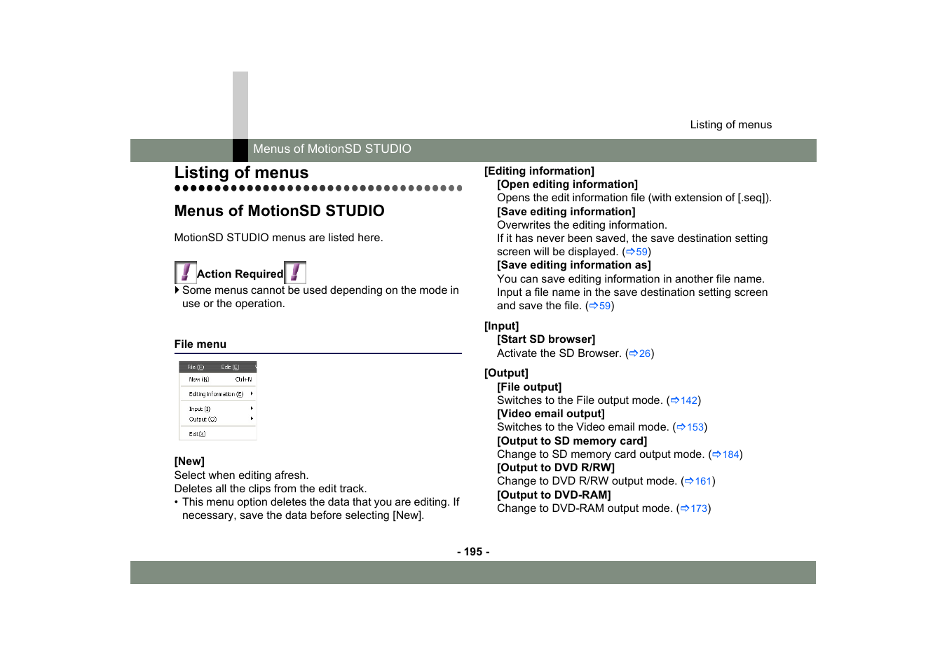 Listing of menus, Menus of motionsd studio, File menu | Panasonic MotionSD STUDIO 1.0E User Manual | Page 195 / 231