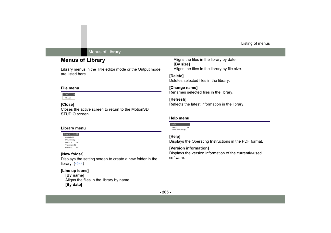 Menus of library, File menu, Library menu | Help menu, File menu library menu help menu | Panasonic MotionSD STUDIO 1.0E User Manual | Page 205 / 231
