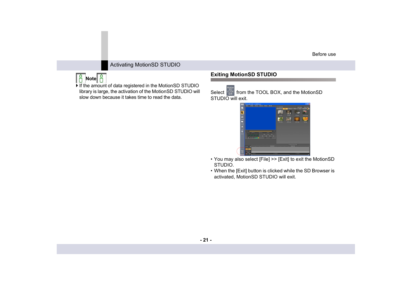 Exiting motionsd studio | Panasonic MotionSD STUDIO 1.0E User Manual | Page 21 / 231