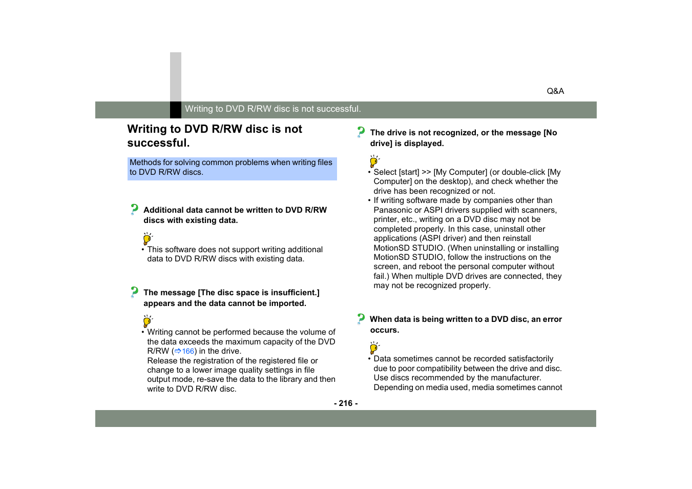 Writing to dvd r/rw disc is not successful | Panasonic MotionSD STUDIO 1.0E User Manual | Page 216 / 231
