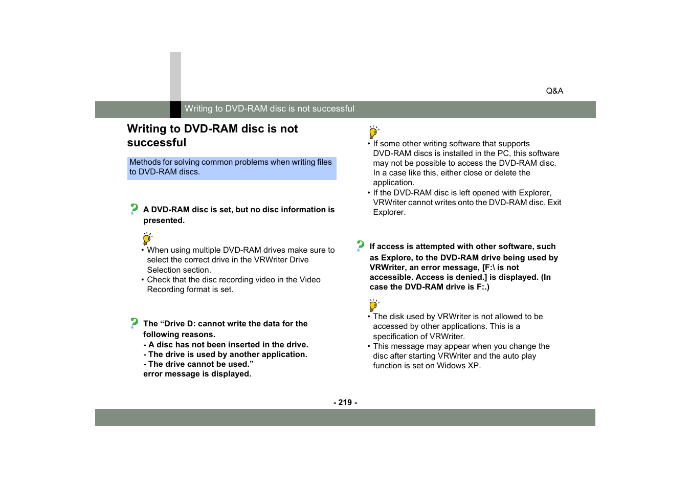 Writing to dvd-ram disc is not successful | Panasonic MotionSD STUDIO 1.0E User Manual | Page 219 / 231