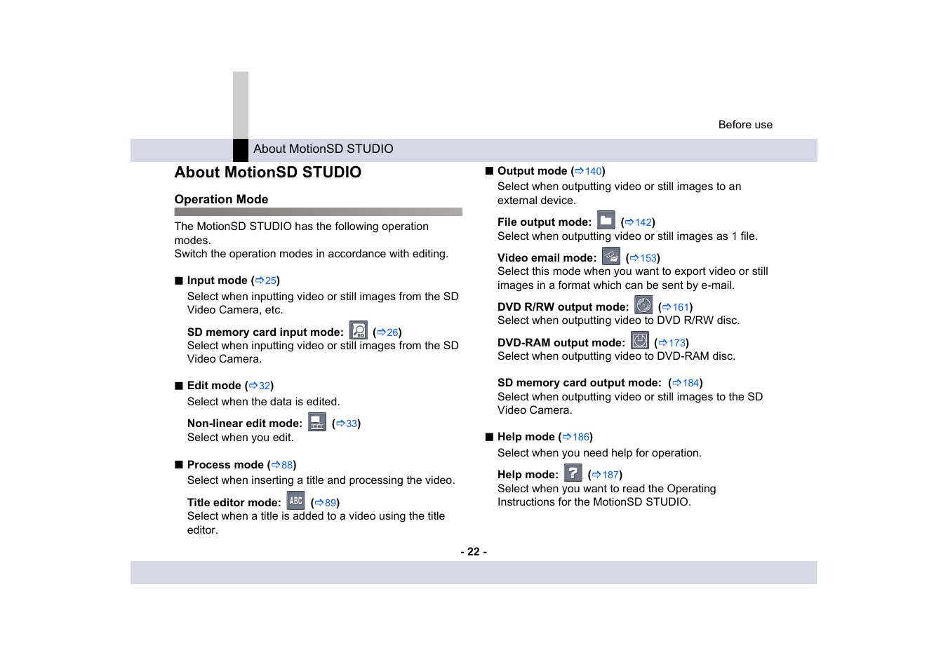 About motionsd studio, Operation mode | Panasonic MotionSD STUDIO 1.0E User Manual | Page 22 / 231