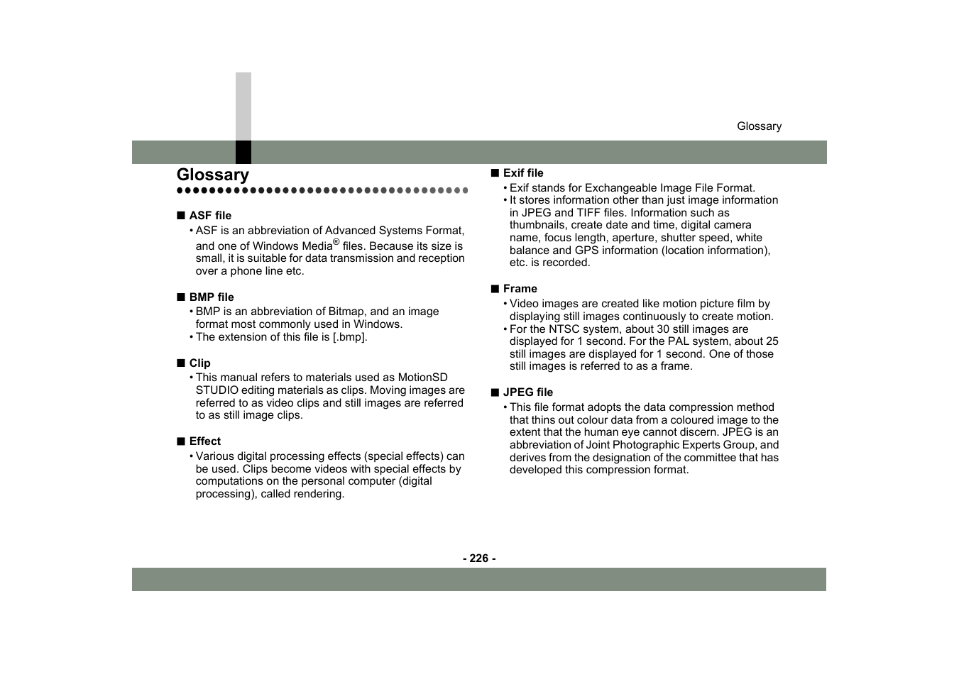 Glossary | Panasonic MotionSD STUDIO 1.0E User Manual | Page 226 / 231
