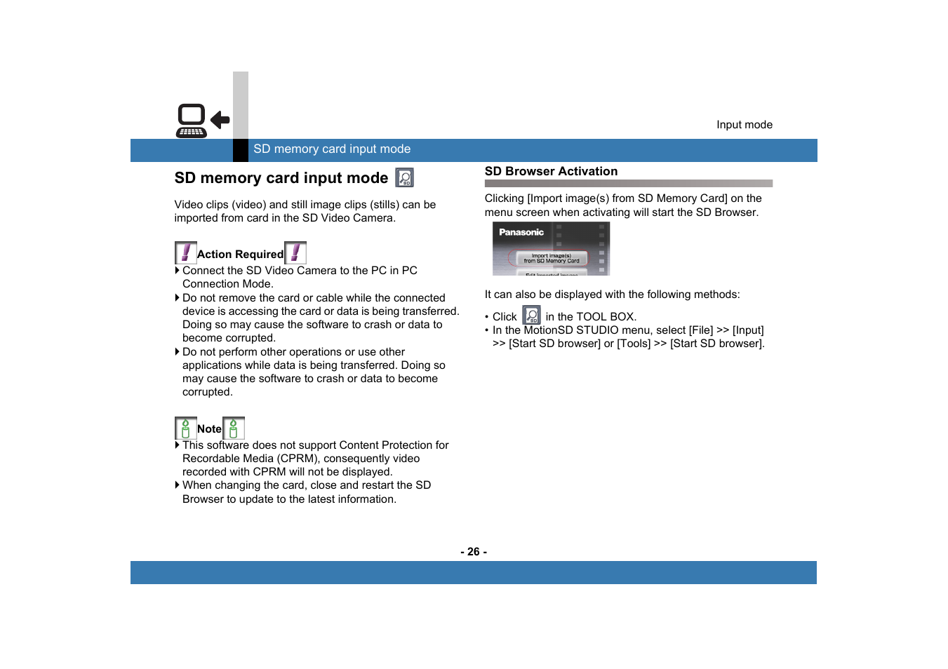 Sd memory card input mode, Sd browser activation | Panasonic MotionSD STUDIO 1.0E User Manual | Page 26 / 231