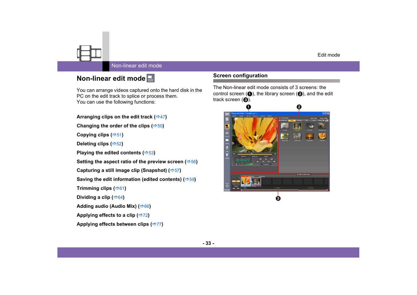 Non-linear edit mode, Screen configuration | Panasonic MotionSD STUDIO 1.0E User Manual | Page 33 / 231