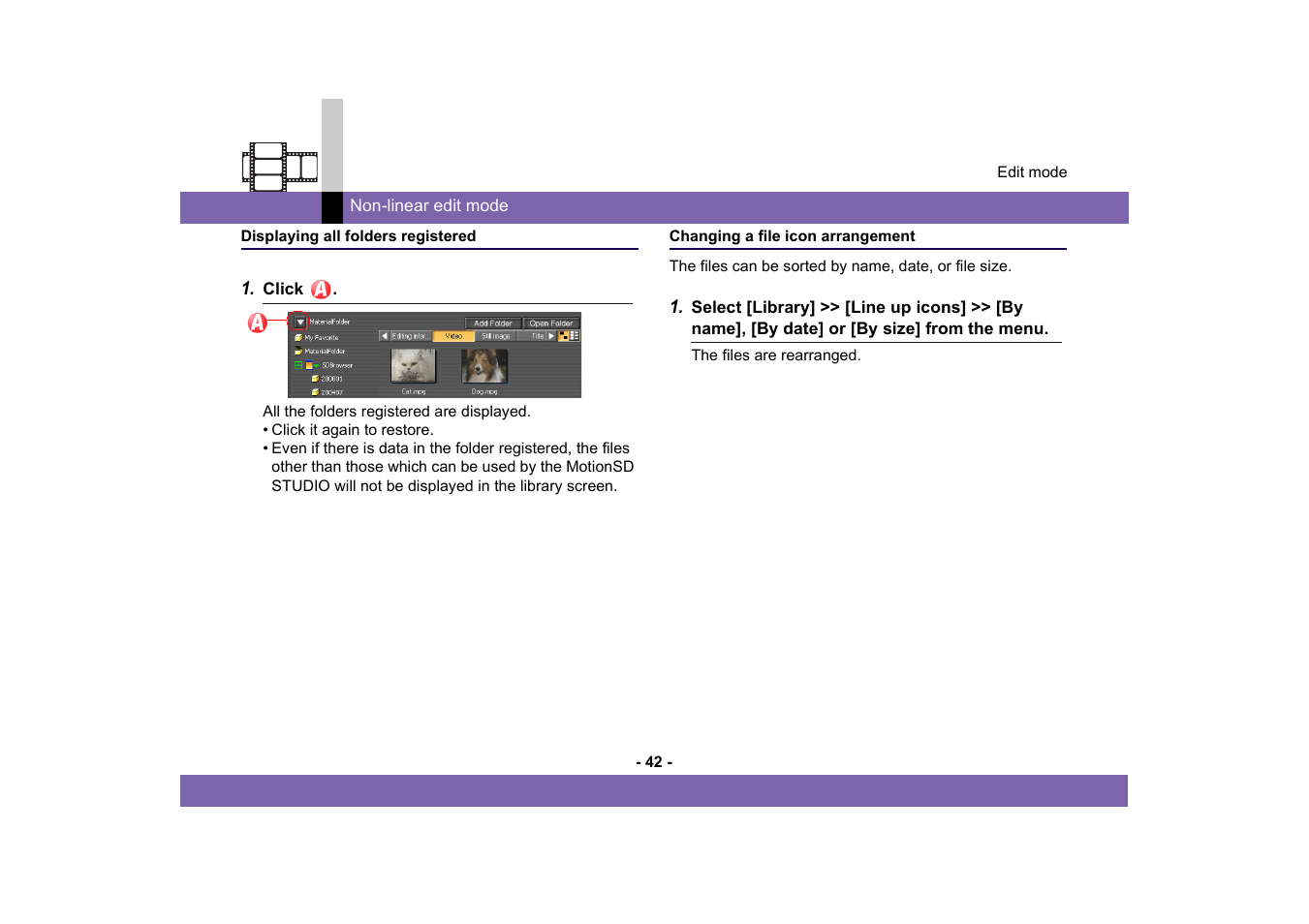 Displaying all folders registered, Changing a file icon arrangement, Te: "displaying all folders registered | Panasonic MotionSD STUDIO 1.0E User Manual | Page 42 / 231