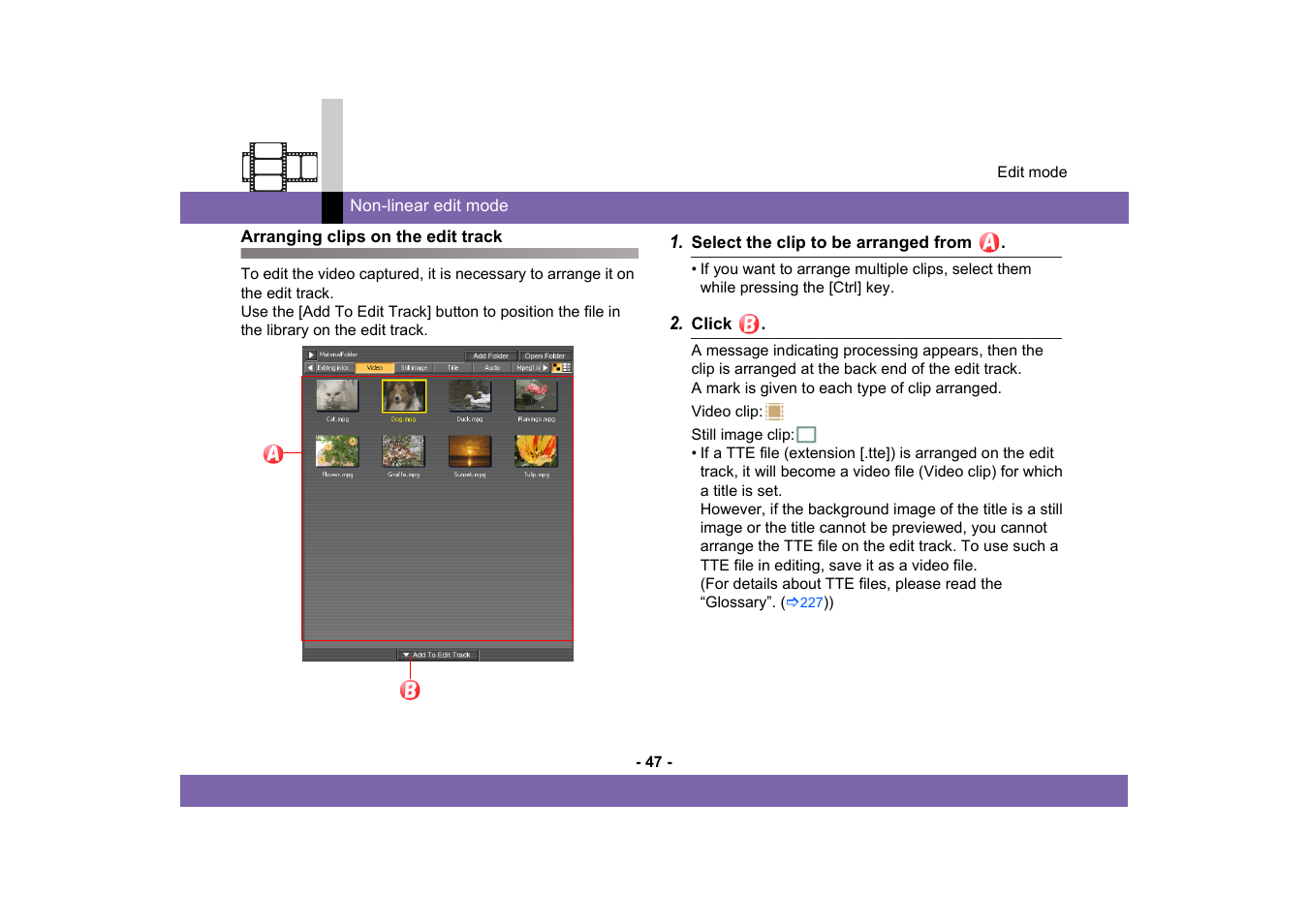 Arranging clips on the edit track | Panasonic MotionSD STUDIO 1.0E User Manual | Page 47 / 231