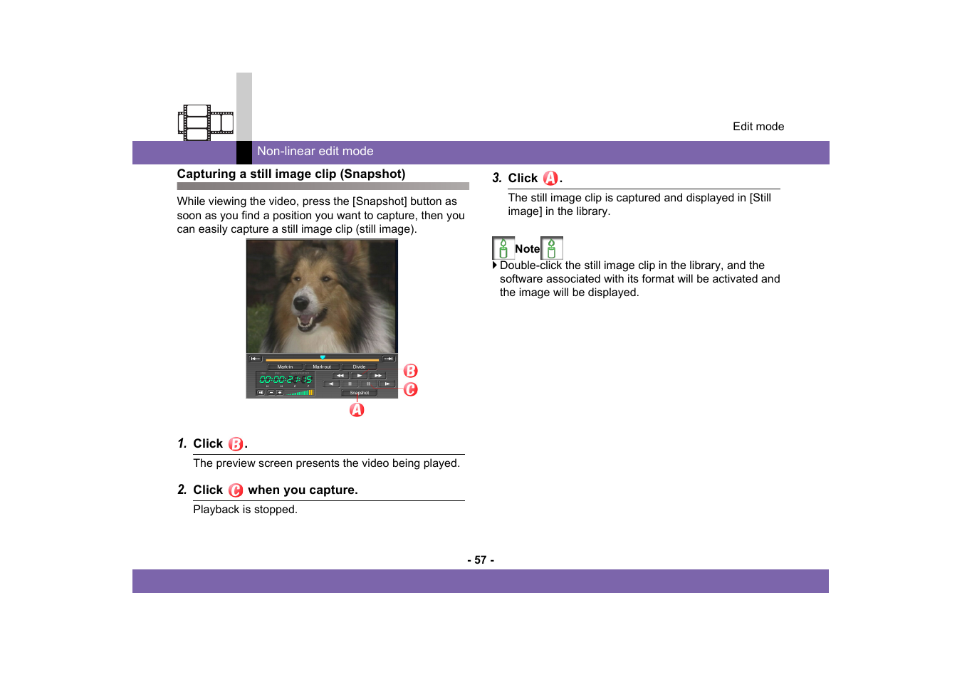 Capturing a still image clip (snapshot) | Panasonic MotionSD STUDIO 1.0E User Manual | Page 57 / 231