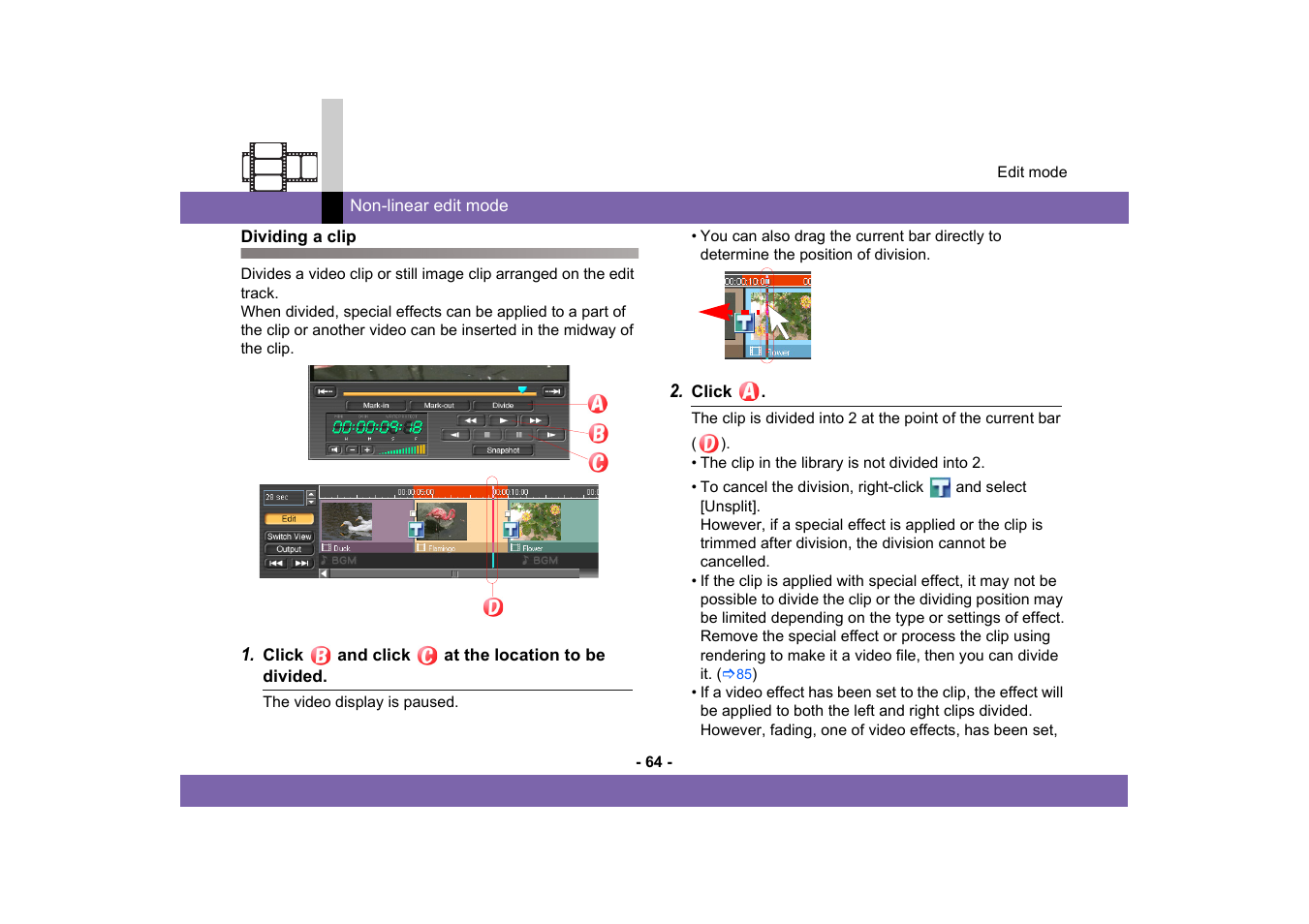 Dividing a clip | Panasonic MotionSD STUDIO 1.0E User Manual | Page 64 / 231