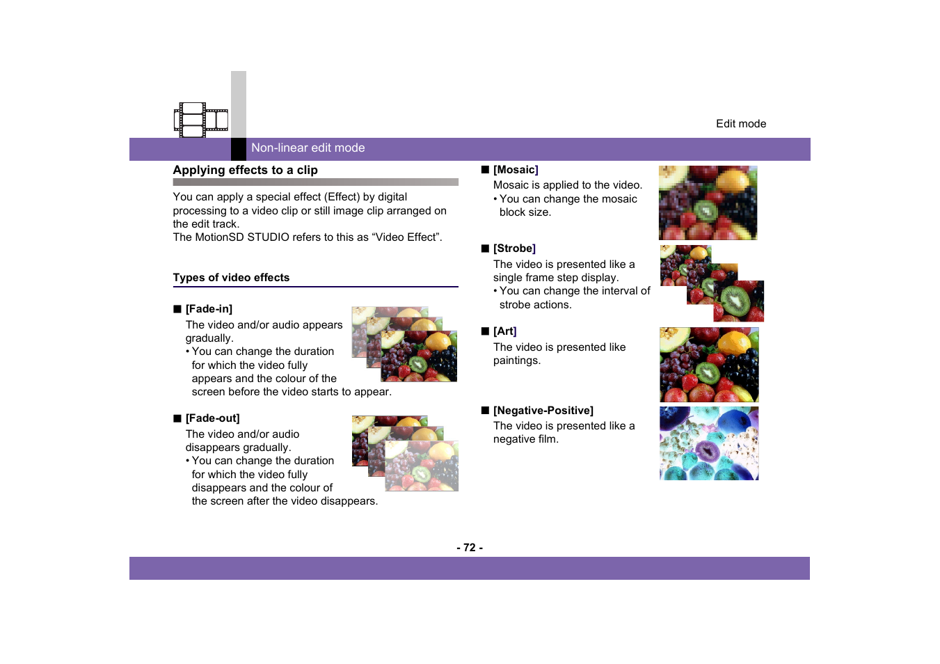 Applying effects to a clip, Types of video effects | Panasonic MotionSD STUDIO 1.0E User Manual | Page 72 / 231