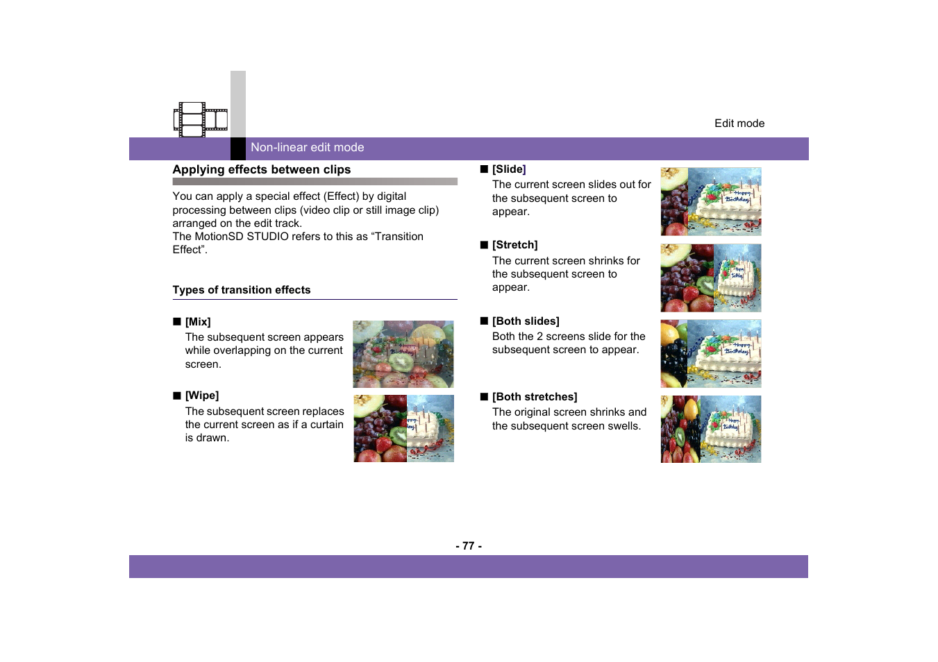 Applying effects between clips, Types of transition effects | Panasonic MotionSD STUDIO 1.0E User Manual | Page 77 / 231