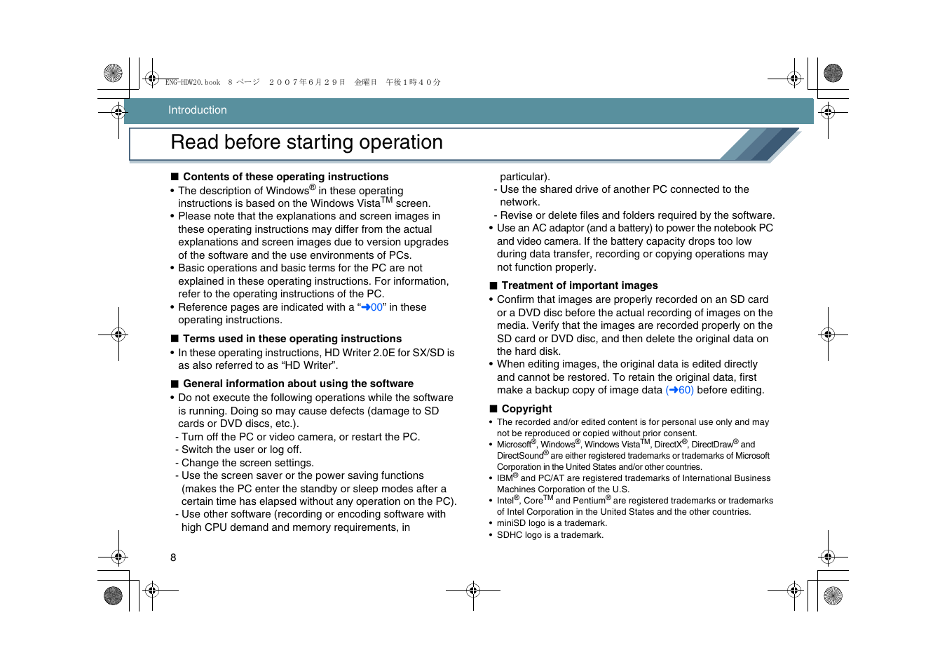 Read before starting operation | Panasonic HD Writer 2.0E User Manual | Page 8 / 102