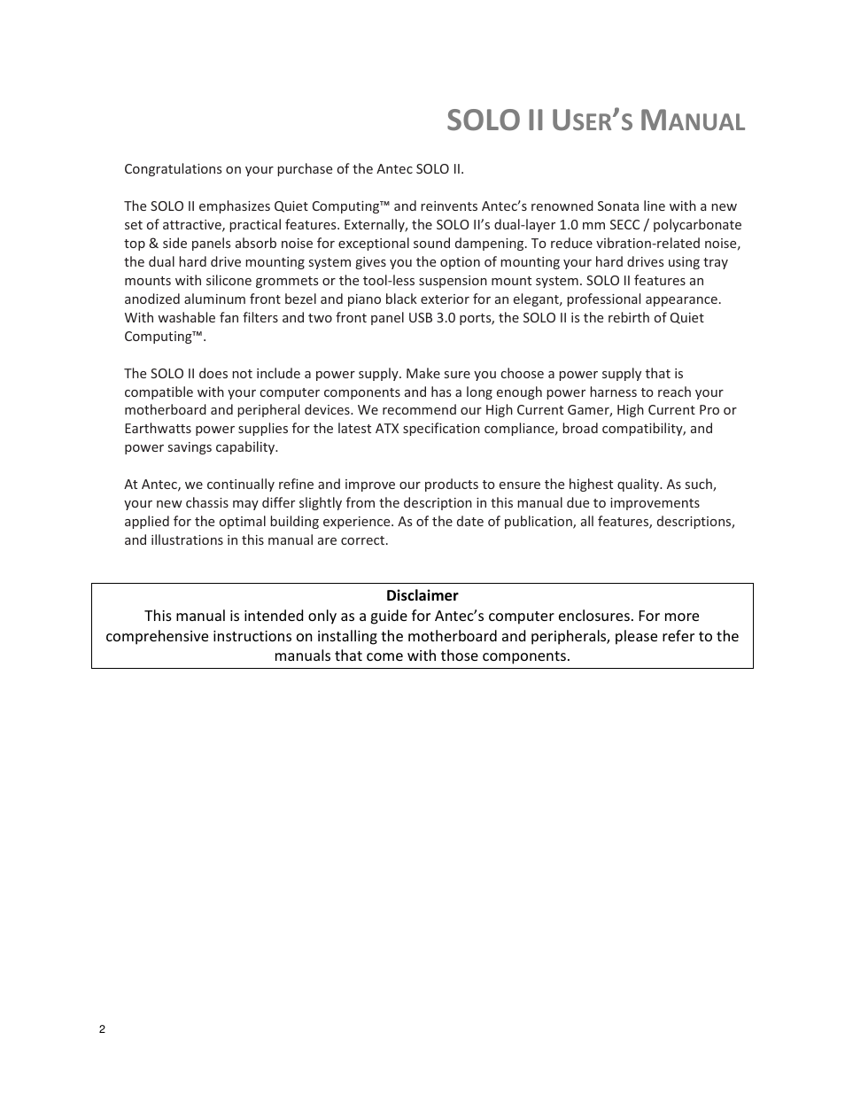 Solo, Anual | Antec SOLO II User Manual | Page 2 / 26