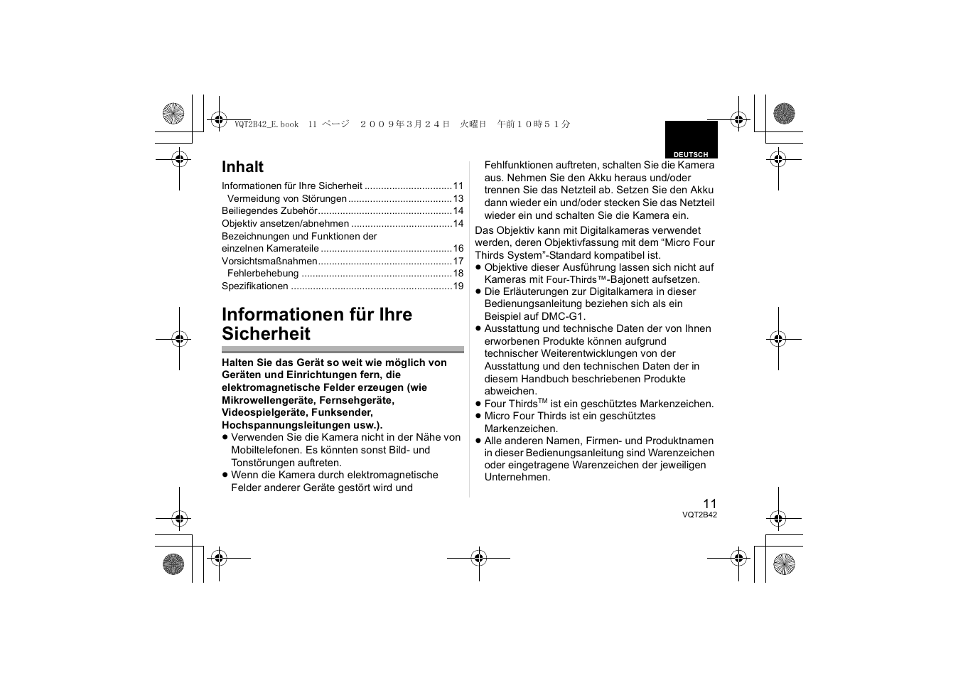 Informationen für ihre sicherheit, Inhalt | Panasonic H-F007014 User Manual | Page 11 / 64
