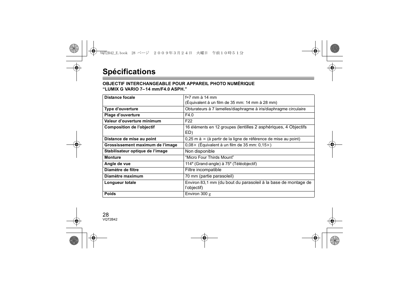 Spécifications | Panasonic H-F007014 User Manual | Page 28 / 64