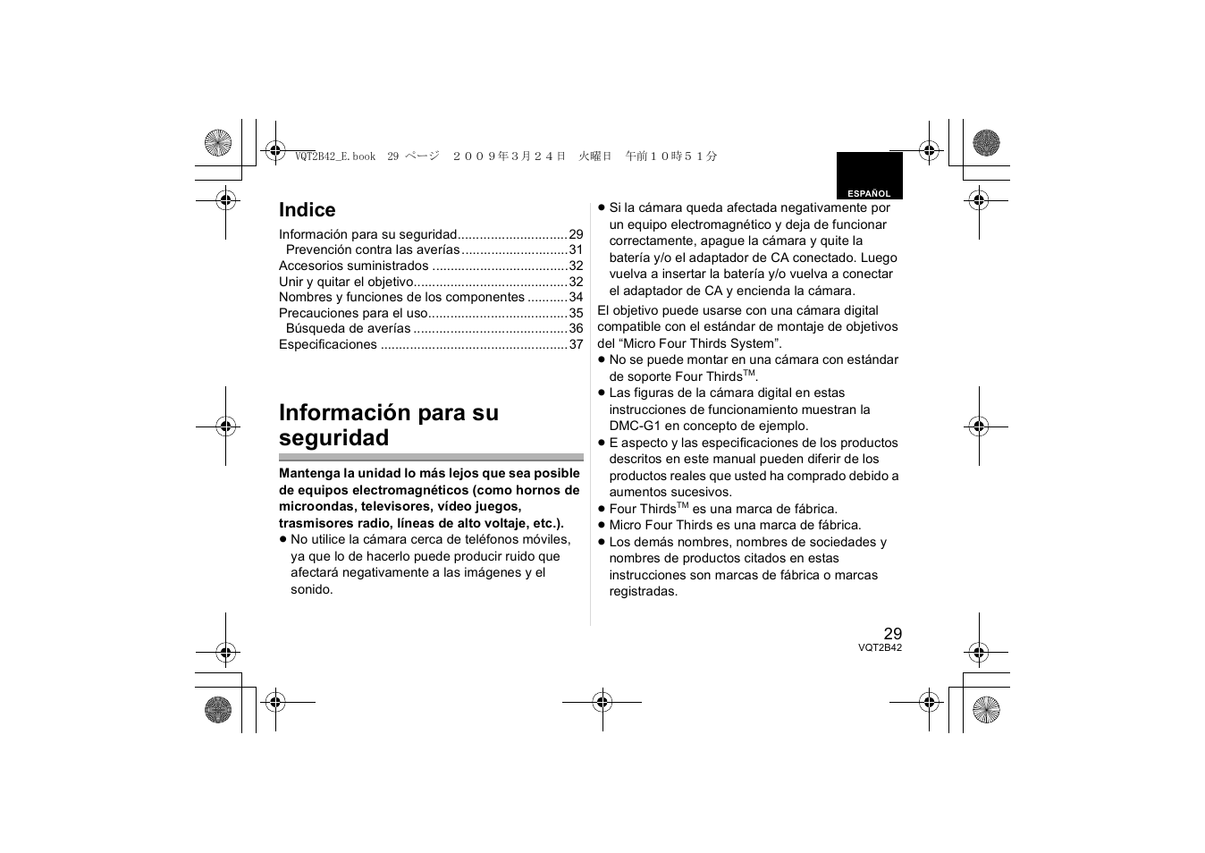 Información para su seguridad, Indice | Panasonic H-F007014 User Manual | Page 29 / 64