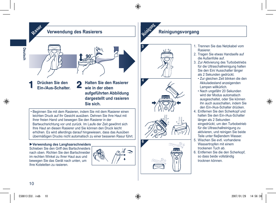 Rasur, Reinigung, Verwendung des rasierers | Reinigungsvorgang | Panasonic Es8813 User Manual | Page 10 / 96