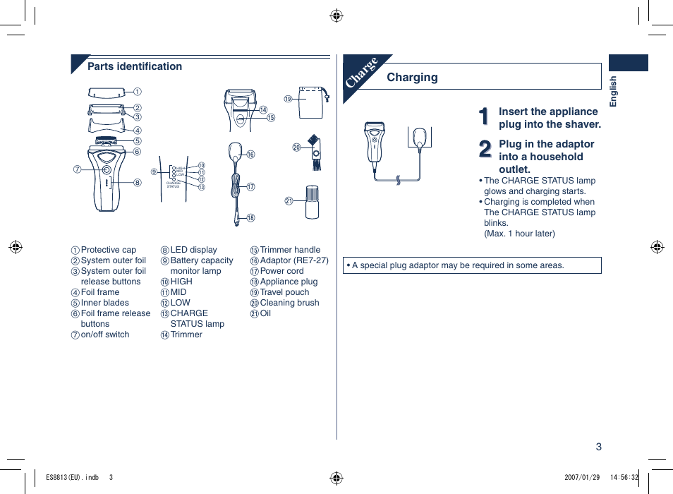 Char ge, Charging | Panasonic Es8813 User Manual | Page 3 / 96