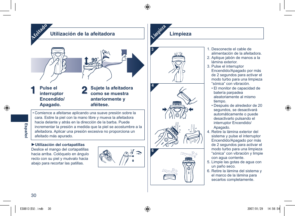 Afeitado, Limpieza | Panasonic Es8813 User Manual | Page 30 / 96
