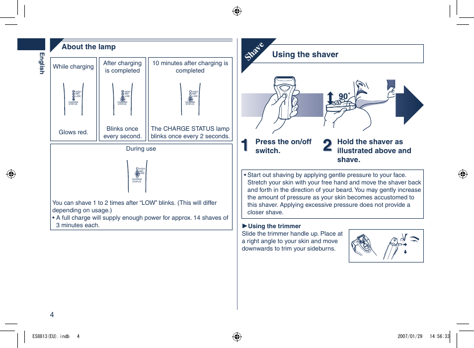 Sha ve, Using the shaver, About the lamp | Panasonic Es8813 User Manual | Page 4 / 96