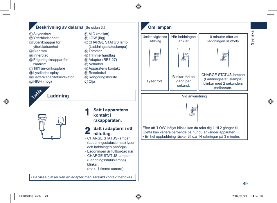 Ladda, Laddning | Panasonic Es8813 User Manual | Page 49 / 96