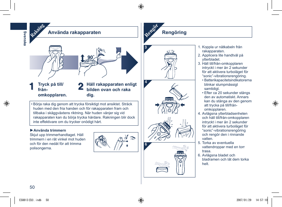 Rakning, Rengör, Använda rakapparaten | Rengöring | Panasonic Es8813 User Manual | Page 50 / 96