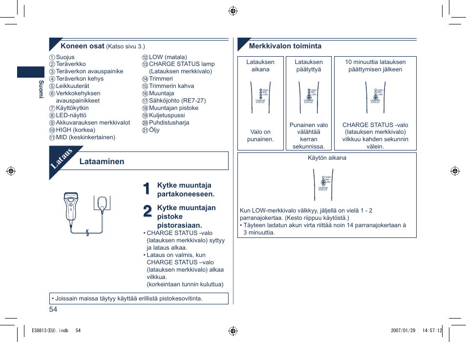 Lataus, Lataaminen | Panasonic Es8813 User Manual | Page 54 / 96