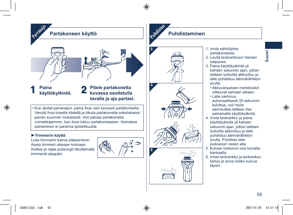 Parranajo, Puhdistus, Partakoneen käyttö | Puhdistaminen | Panasonic Es8813 User Manual | Page 55 / 96
