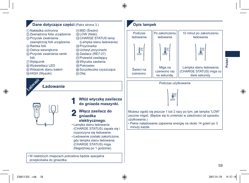 Ładowanie | Panasonic Es8813 User Manual | Page 59 / 96