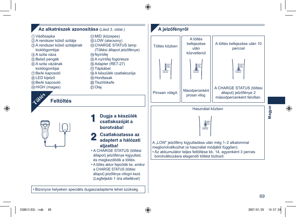 Töltés, Feltöltés | Panasonic Es8813 User Manual | Page 69 / 96
