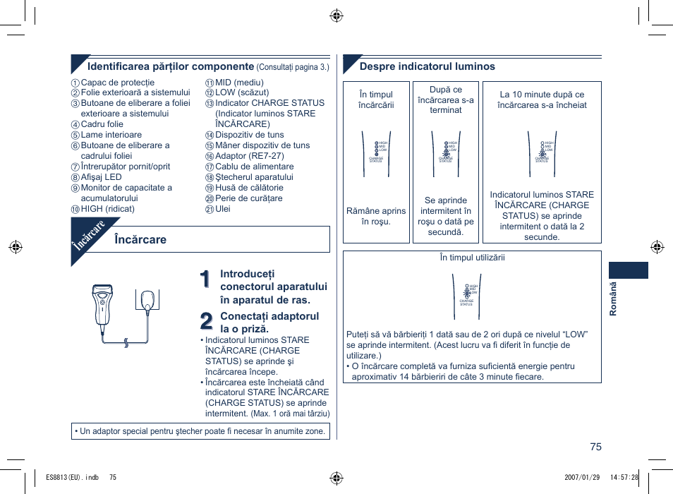 Încăr car e, Încărcare | Panasonic Es8813 User Manual | Page 75 / 96