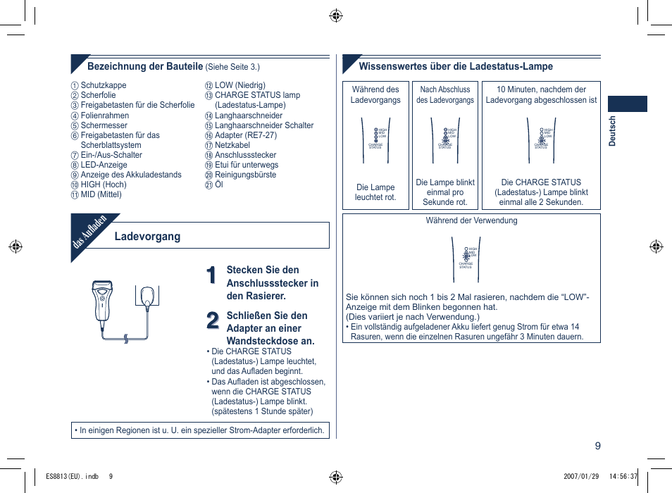 Das aufladen, Ladevorgang | Panasonic Es8813 User Manual | Page 9 / 96