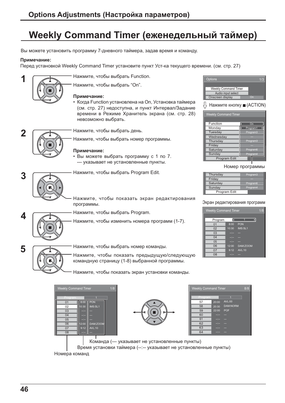 Weekly command timer (ɟɠɟɧɟɞɟɥɶɧɵɣ ɬɚɣɦɟɪ), 46 options adjustments (ɇɚɫɬɪɨɣɤɚ ɩɚɪɚɦɟɬɪɨɜ), Ɇɨɦɟɪ ɩɪɨɝɪɚɦɦɵ | Panasonic TH-42PH20 User Manual | Page 46 / 55